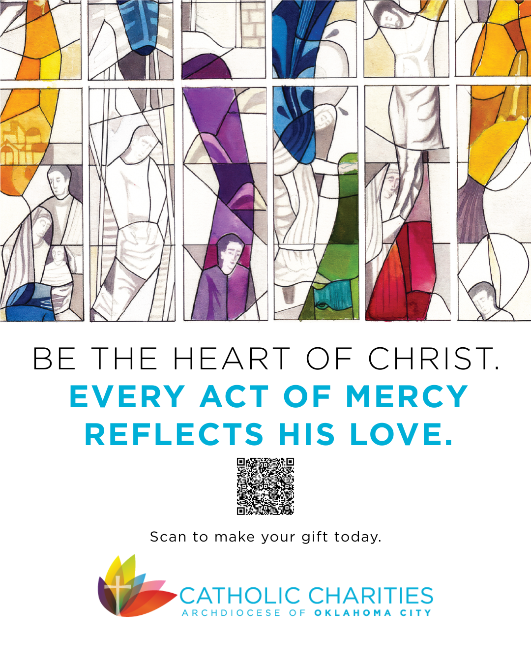 Stained glass with the words: BE THE HEART OF CHRIST. EVERY ACT OF MERCY REFLECTS HIS LOVE.