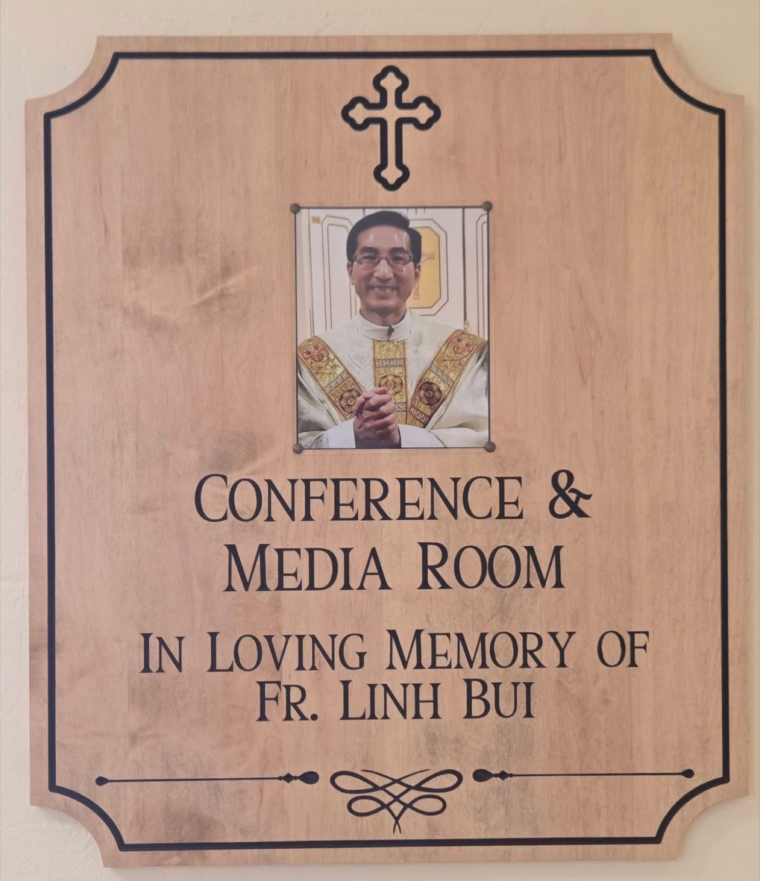 Dedication plaque for the Fr. Linh Bui Conference and Media Room at St. Ann Catholic Church